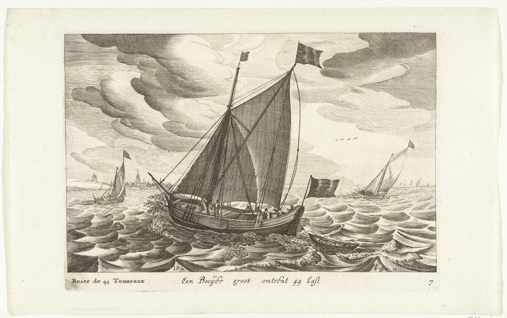 Boeiers Een Boeijer groot sobre 44 Last / Boïer de 44 Tonneaux (título sobre objeto) Hollandse scheepstypen, 1627 (título de la serie) Varios barcos Don ton se sert dans les Unies Provincias / Iconos de varios barcos holandeses cuyo uso es principalmente e de Robert de Baudous (possibly)