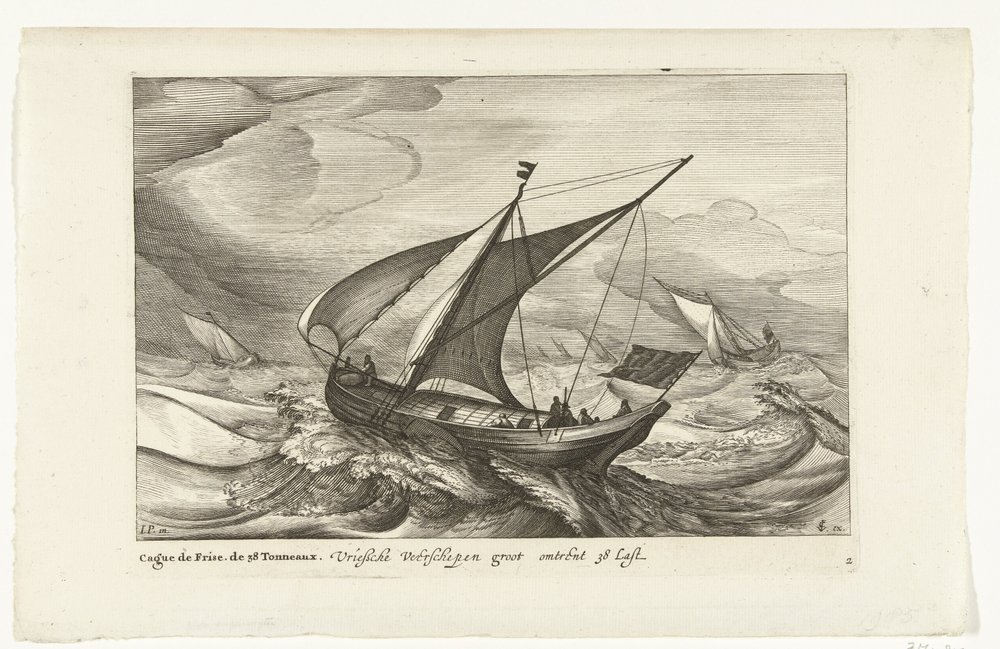 transbordadores de Frisia Vriesche Ferry barcos grandes sobre 38 Last / Cague de Frise. Los 38 Tonneaux (título sobre objeto) Tipos de barcos holandeses, 1627 (título de la serie) Diverse Navires Don ton se sert dans les Provinces Unies / Icones Variarum N de Robert de Baudous (possibly)