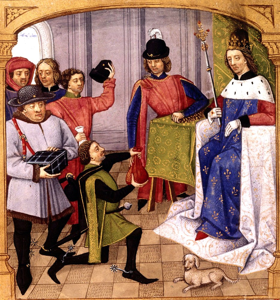 El rey francés Felipe V (1293-1322) recibiendo impuestos, miniatura de Robinet Testard de las "Grandes chroniques de France", 1471 de Robinet Testard