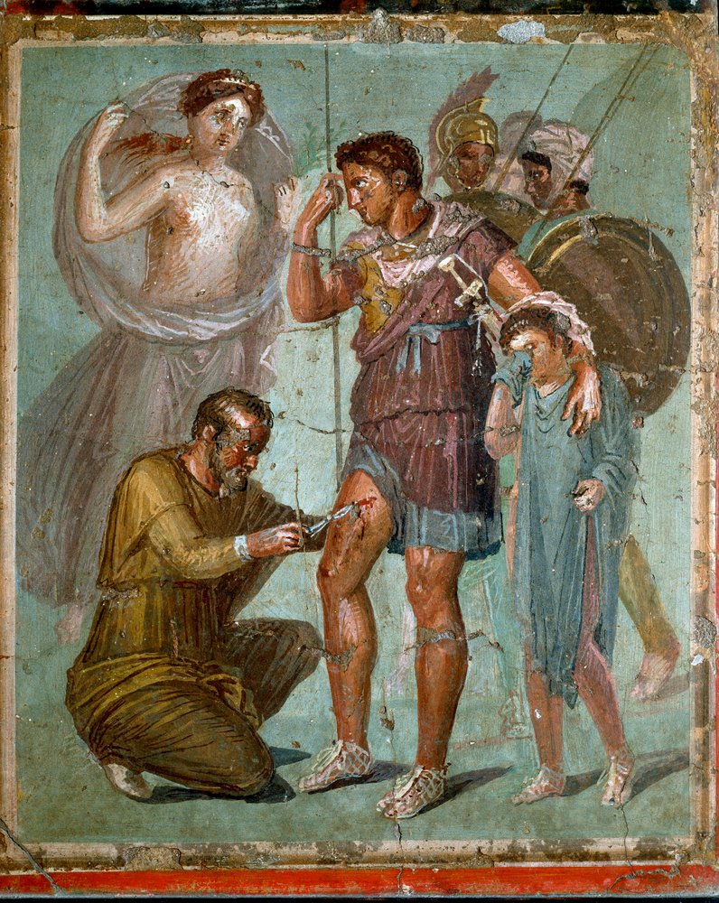 Eneas herido con su hijo Iulo es atendido por el médico griego Iapige, hijo de Iaso. Fresco romano del siglo I d. C. procedente de Pompeya. Nápoles, Museo Arqueológico Nacional de Roman
