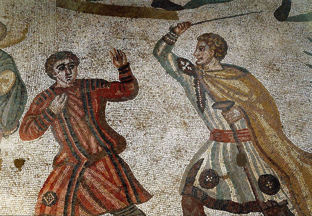 Arte romano: detalle del mosaico «La gran caza». Un aristócrata romano castiga a uno de sus esclavos con un palo. 315-350 d. C. Piazza Armerina, Villa Romana del Casale de Roman
