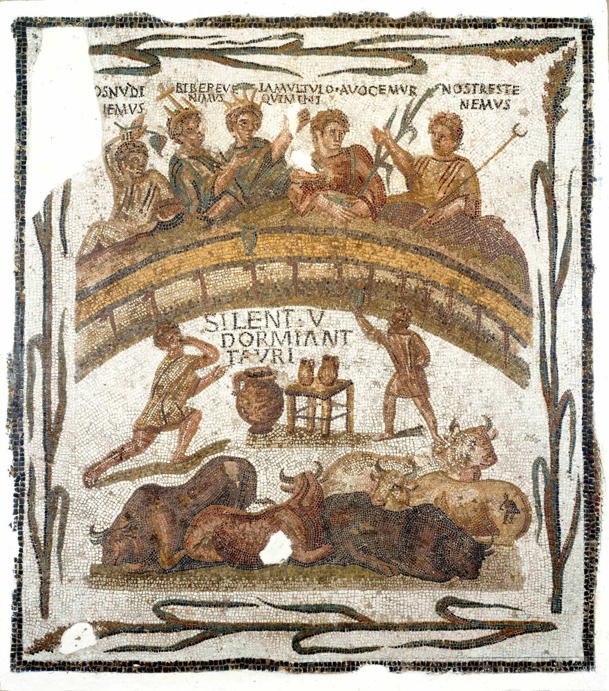 Antigüedad romana: “escena de banquete de la cofradía del Anfiteatro” Mosaico procedente de El Djem en Túnez. Siglo III d.C. Museo del Bardo, Túnez de Roman