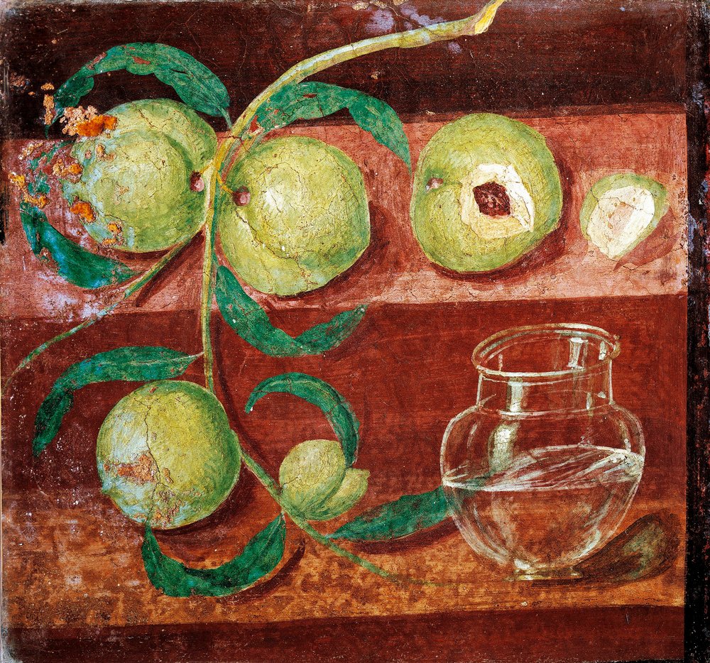 Arte romano: «Naturaleza muerta con melocotones». Fresco romano de Pompeya. Siglo I a. C.-siglo I d. C. Conservado en el Museo Arqueológico Nacional de Nápoles, Italia de Roman