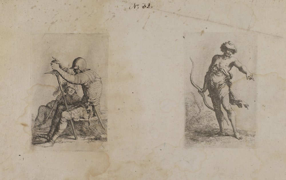 (Serie de figuras) Dos hombres sentados, cada uno con un arma de Salvator Rosa