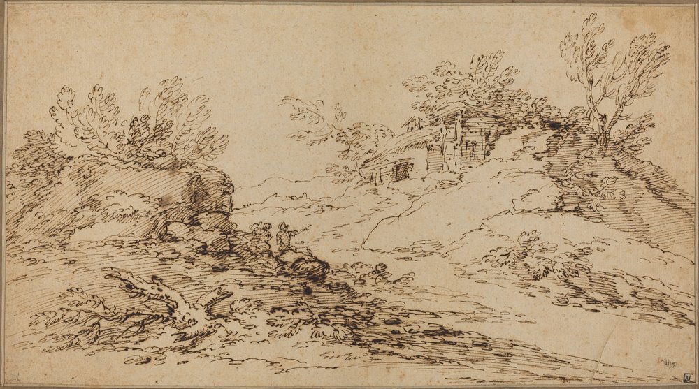 Paisaje rocoso con una casa rústica de Salvator Rosa