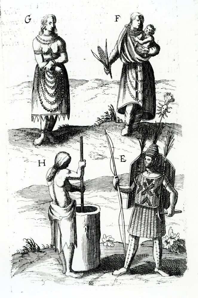 Ilustraciones del vestido algonquino, grabado de los Viajes de Sieur de Champlain por Samuel de Champlain, siglo XVII de Samuel de Champlain