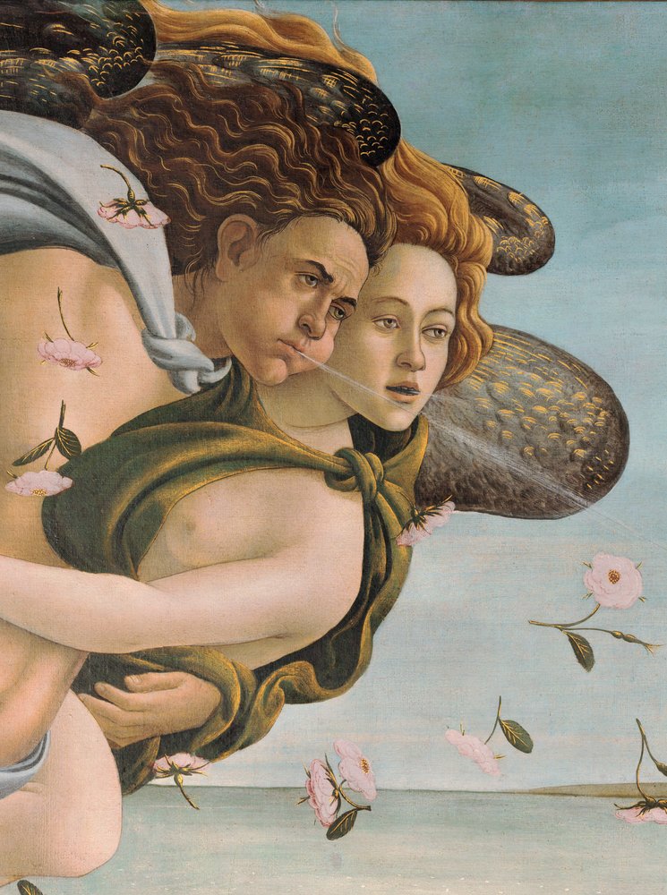 Céfiro y Cloris, detalle de El nacimiento de Venus, hacia 1485 de Sandro Botticelli