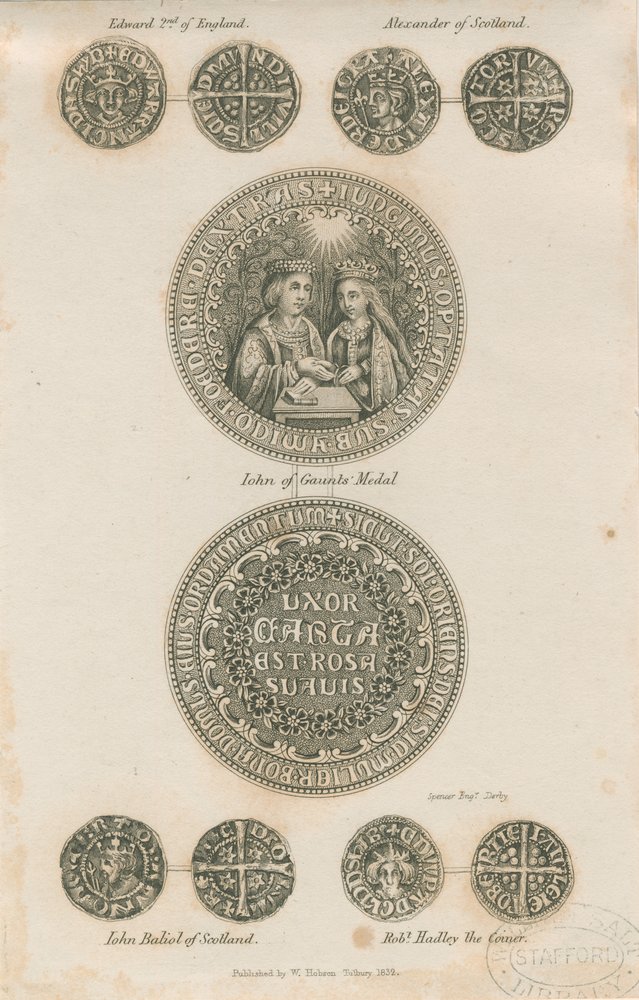Tutbury - Placa de monedas medievales: grabado, nd [c 1832] de School English
