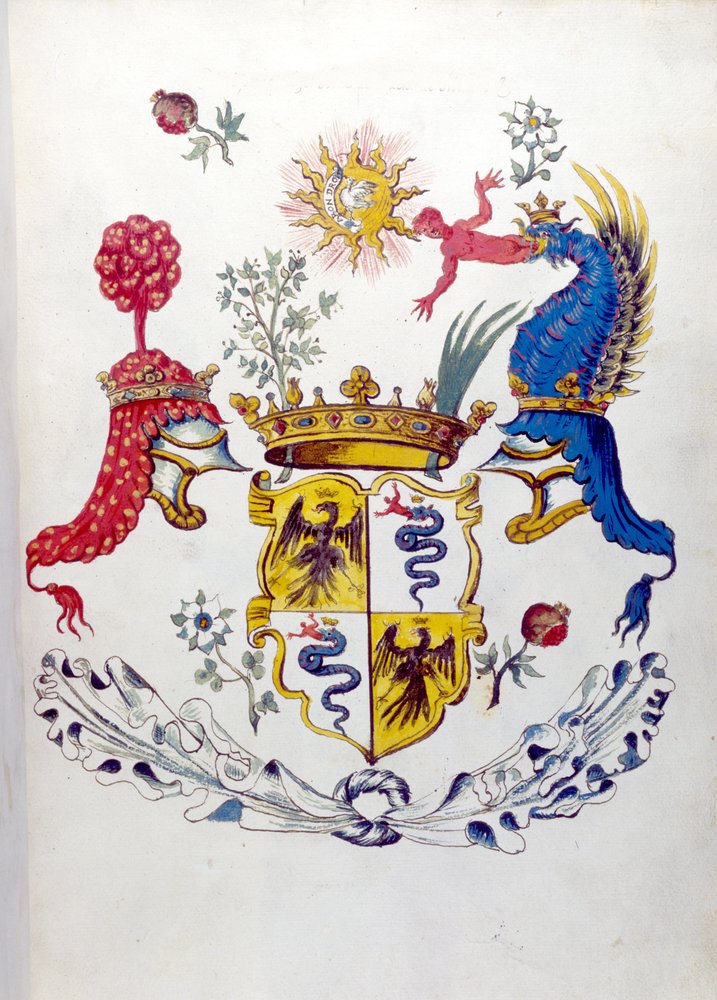 Escudo de la familia Visconti de Milán, con la representación de un dragón devorando a un niño. Archivo Estatal de Milán de School Italian