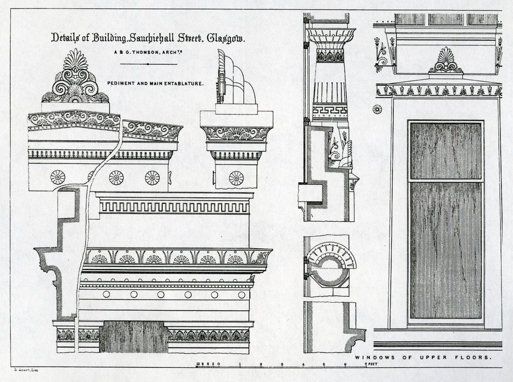 Detalles arquitectónicos de las cámaras griegas, 336-356 Sauchiehall Street, Glasgow, diseñadas por Alexander Greek Thomson, 1869 de Scottish School
