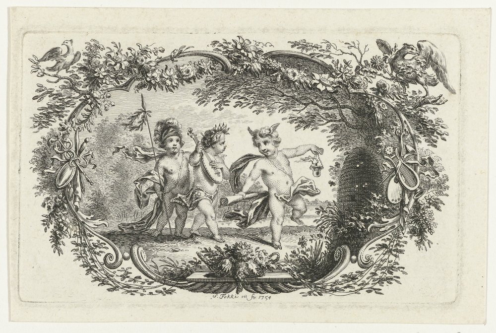 Tres putti en una colmena de Simon Fokke