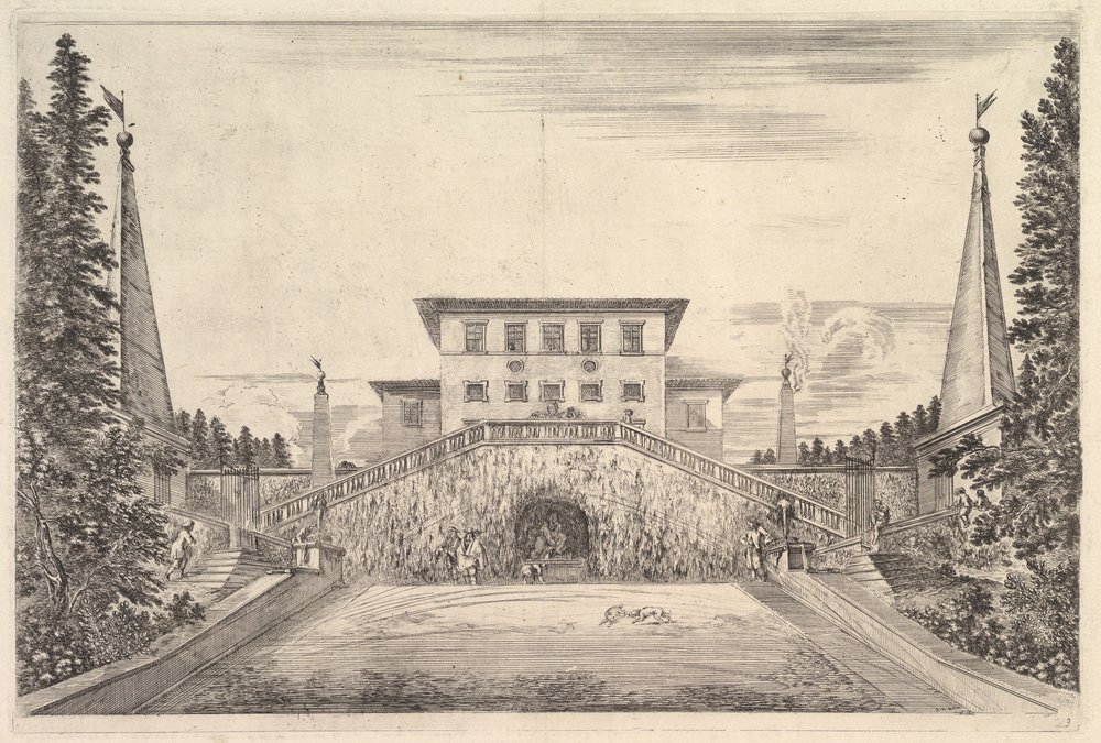 La villa en el centro flanqueada por cuatro obeliscos de Stefano della Bella