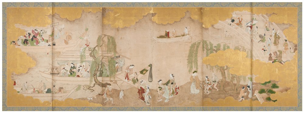 Picnic bajo los cerezos en flor y
Boating on the River, mediados del siglo XVIII (Pareja de biombos de seis paneles; tinta, color y oro
sobre papel) de Sukenobu Nishikawa