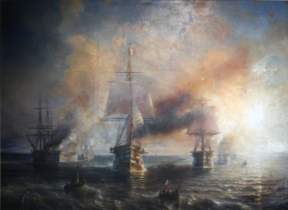 En francés:  La flotte française se rendant de Cherbourg à Brest, 1858 La flota francesa navegando de Cherburgo a Brest, 1858 de Theodore Gudin