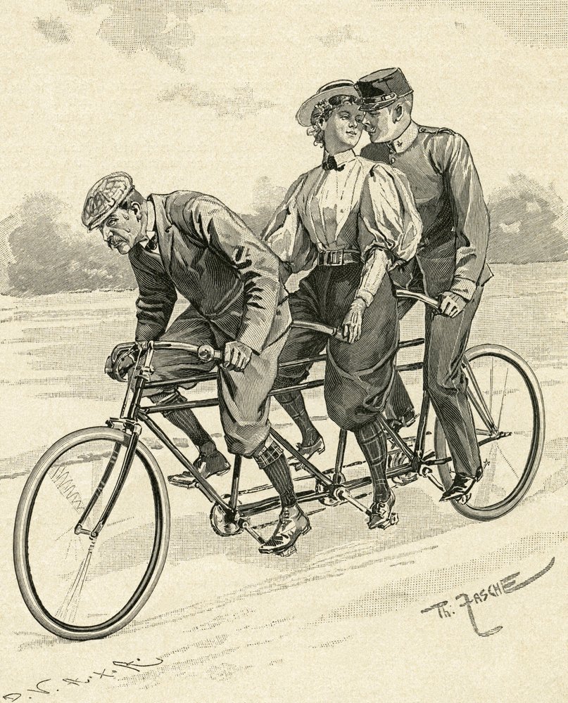 Bicicleta para tres personas, llamada bicicleta tándem de Theodore Zasche