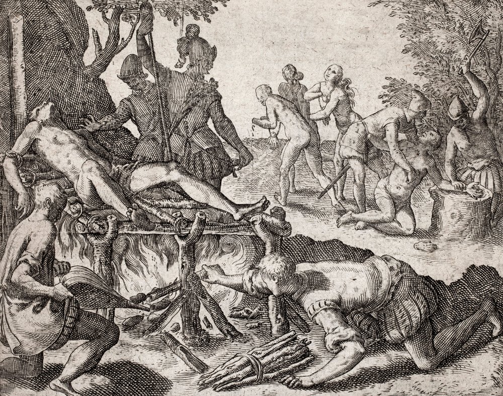 Descripción de los crímenes infligidos a los indios por colonos españoles - Escena de tortura de indios por conquistadores españoles. Tortura sobre una parrilla, amputación de manos - Grabado de Theodore de Bry en «Narratio regionum indicarum per Hispanos de Theodore de Bry