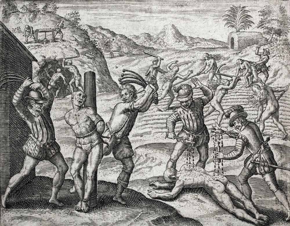 Descripción de los crímenes infligidos a los indios por colonos españoles - Españoles torturando a indios - Grabado de Theodore de Bry en «Brevísima relación de la destrucción de las Indias» de Bartolomé de las Casas (1484-1566) de Theodore de Bry