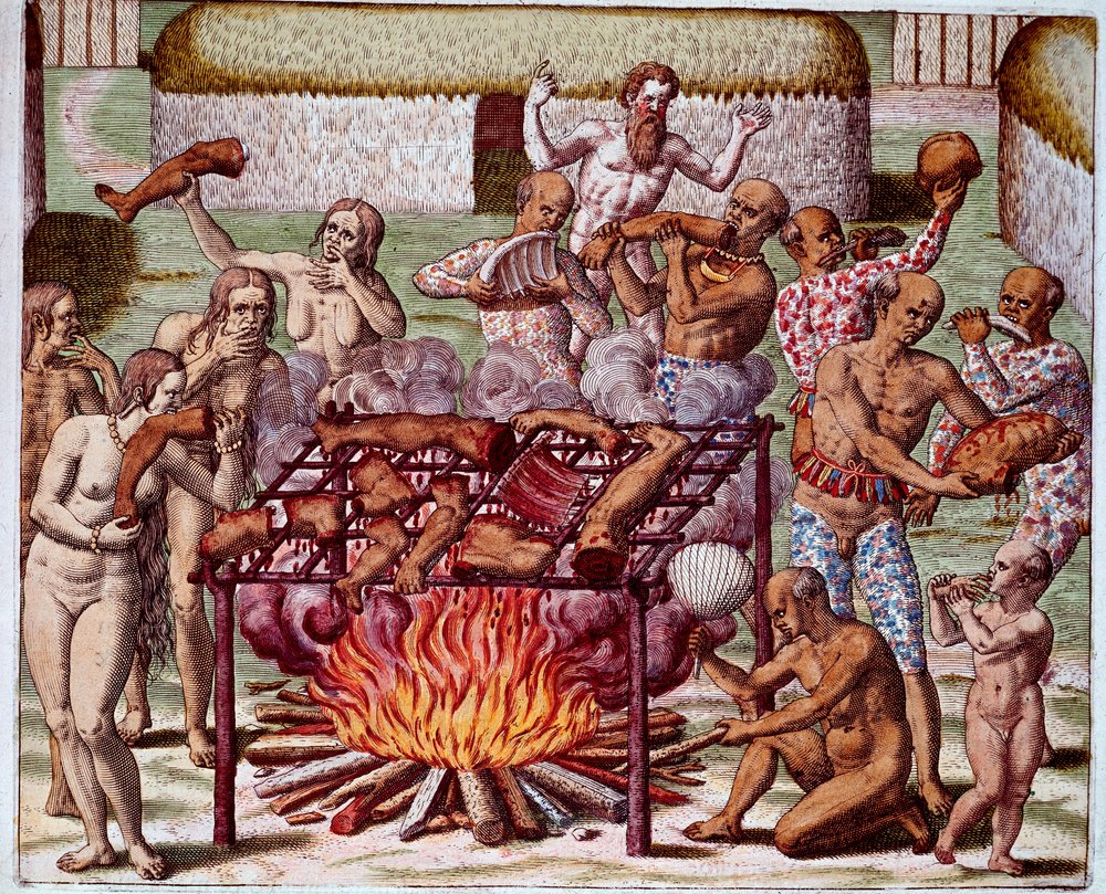 Escena de canibalismo en Brasil Los indios devoraban a sus enemigos y prisioneros. Grabado de “Admirante Narratio Americae” de Theodore de Bry (1528-1598) de Theodore de Bry