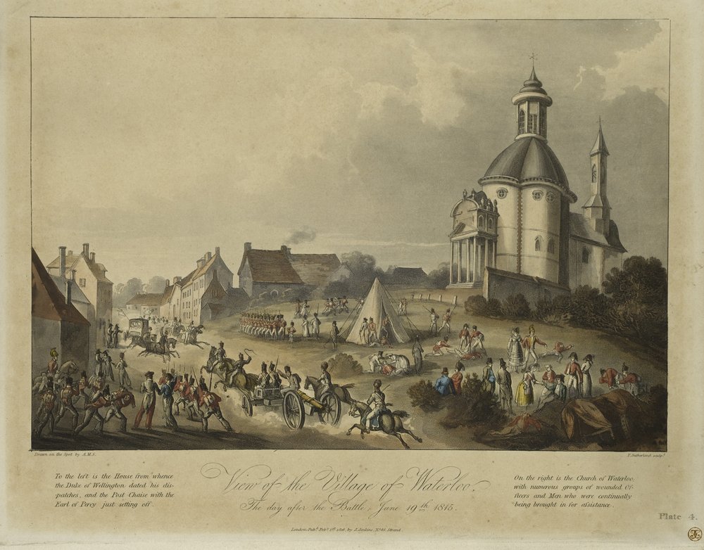 Vista del pueblo de Waterloo, el día después de la batalla, 19 de junio de 1815, después de A.M.S., publicado por James Jenkins, 1 de febrero de 1816 de Thomas Sutherland
