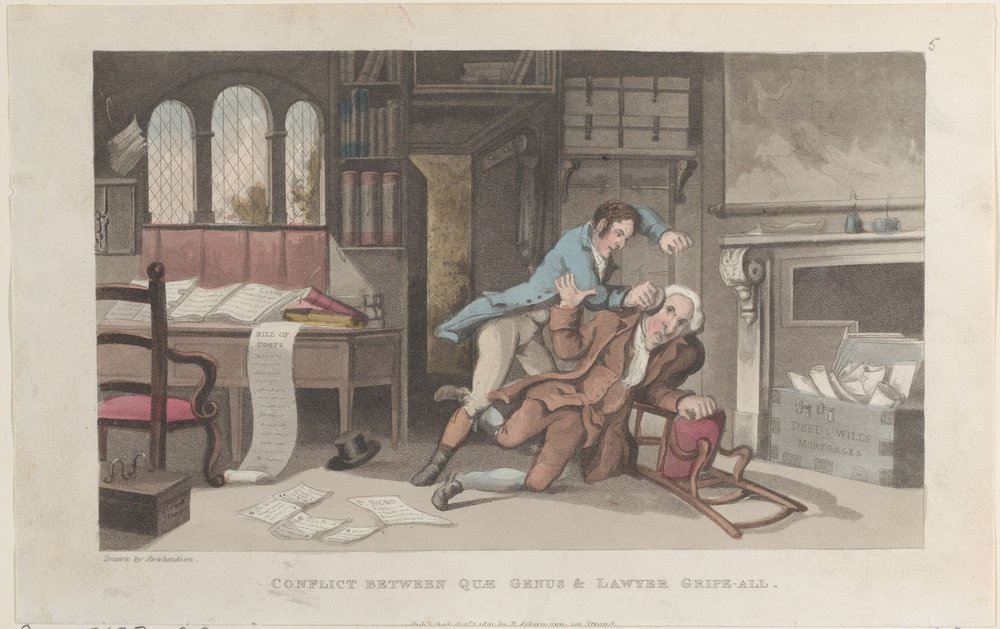 Conflicto entre Quae Genus y el abogado Gripe-all, de La historia de Johnny Q..., 1 de octubre de 1821 de Thomas Rowlandson