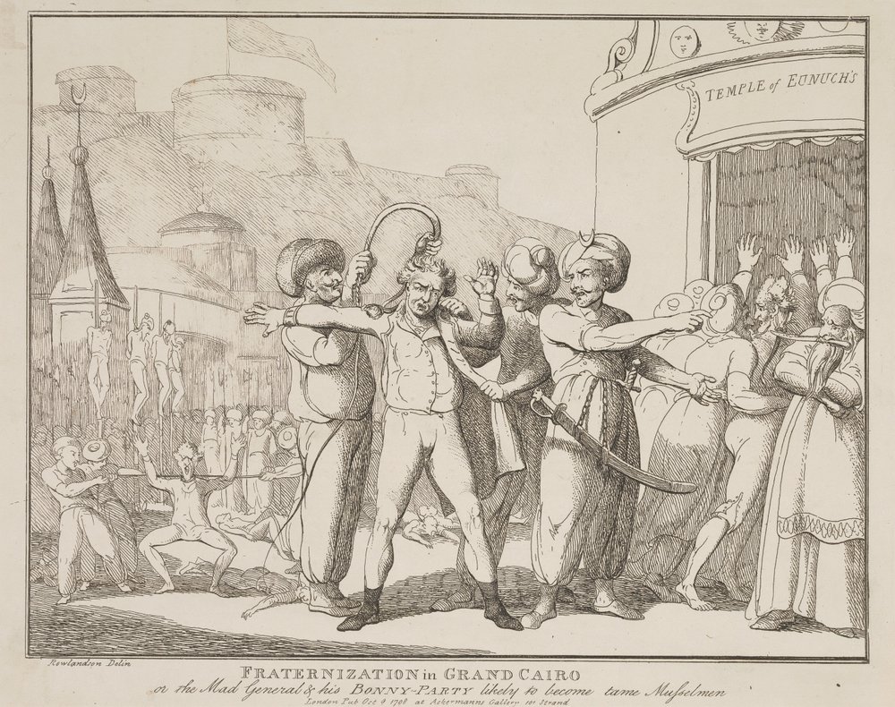 «Fraternización en el Gran Cairo» o «El general loco y su alegre pandilla», que probablemente se convertirán en musulmanes dóciles de Thomas Rowlandson