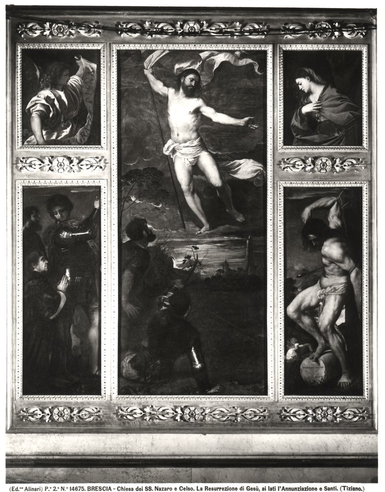 Políptico Averoldi que representa la Resurrección de Cristo, la Anunciación, SS Nazario y Celso con Averoldi y el Martirio de Sebastián, 1522 de Tiziano Vecelli