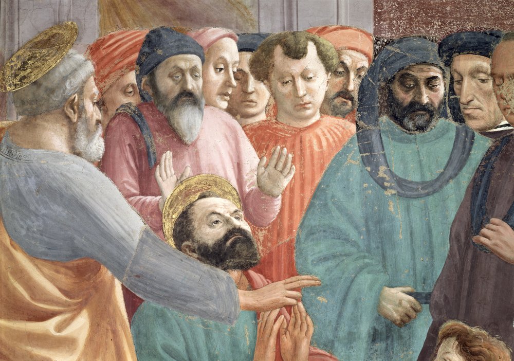 La resurrección del hijo de Teófilo, rey de Antioquía, detalle de los santos Pedro y Pablo y de los rostros de la multitud, hacia 1427, fresco de Tommaso Masaccio