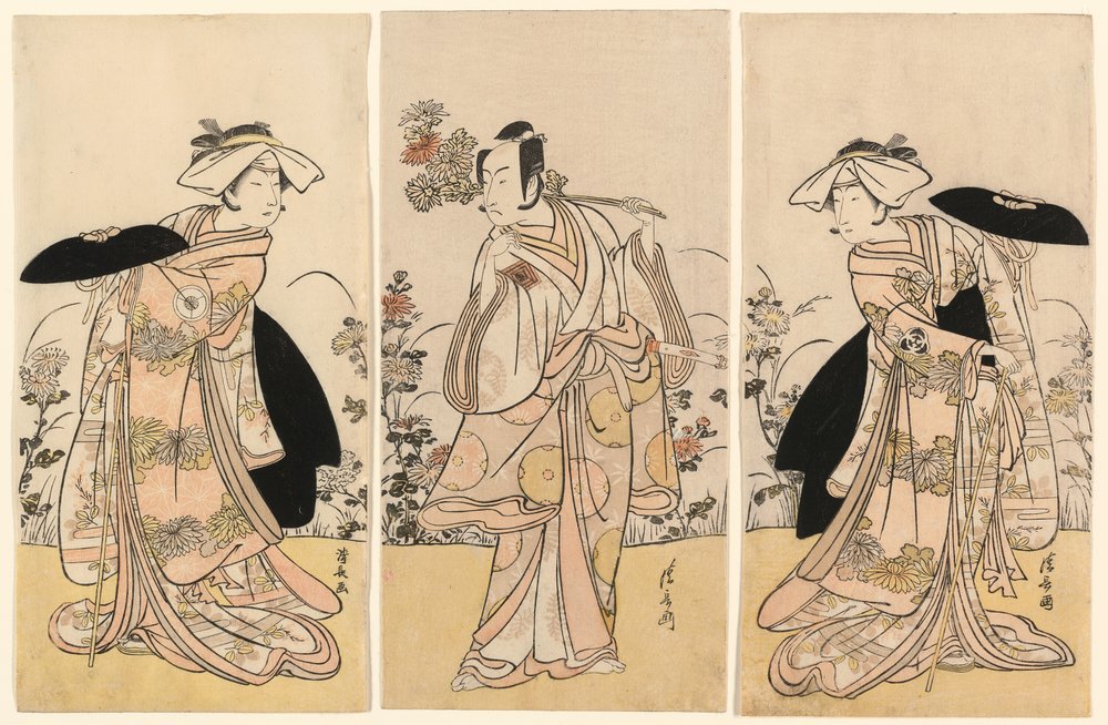 Bando Mitsugoro II como Tennen no Mansaku-kitsune e Ichikawa Monnosuke III como Nikaido Shinanonosuke e Iwai Hanshiro IV como Okura no Kojoro-kitsune en la escena del drama Moto Mishi Yuki Sakae Hachi-no-ki (Nidaime Bando Mitsugoro no Tennen no mansaku- de Torii Kiyonaga