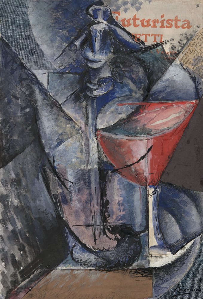 Naturaleza muerta: vaso y sifón, c.1914 (collage, gouache, pluma y tinta) de Umberto Boccioni