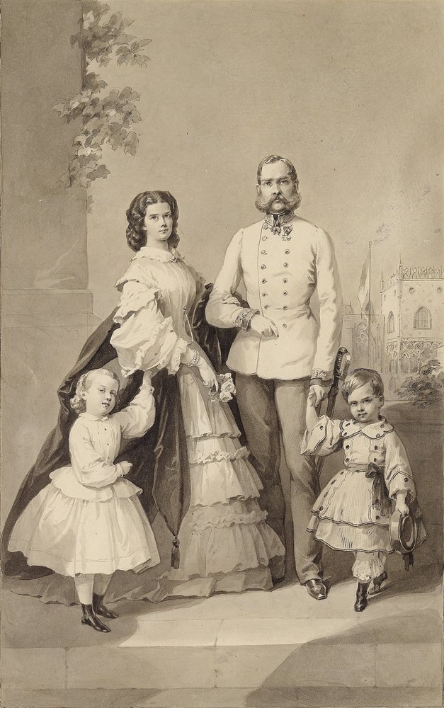 Emperador Francisco José I con la emperatriz Isabel y sus hijos, ca. 1860 de Unbekannt