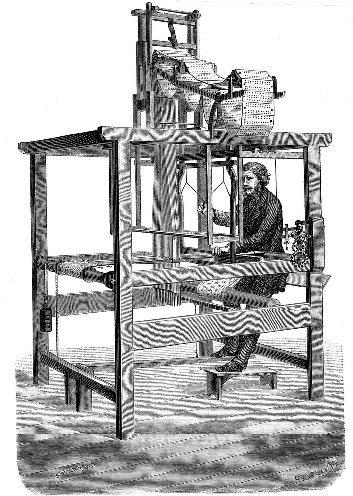 Telar Jacquard, con guirnaldas de tarjetas perforadas de las cuales se tejió el patrón, 1876 de Unbekannt
