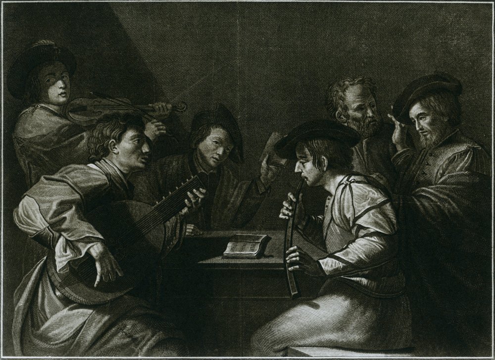 Laúd, violín y cornetto negro curvado, grabado italiano del año 1784, 1948 de Unbekannt