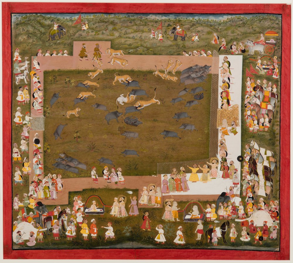 Maharajá Sangram Singh y su corte observan una pelea entre tigres y jabalíes en Sadri, c. 1720 de Unbekannt