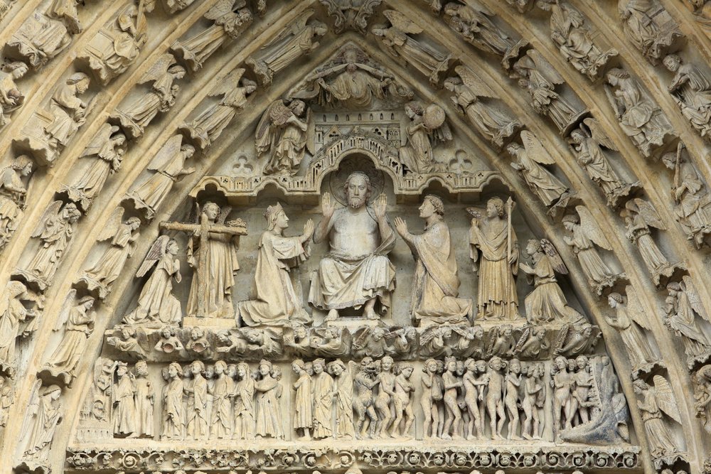 Tímpano del portal del Juicio Final: Cristo juez. A su lado, de rodillas, la Virgen María y san Juan interceden por la salvación de las almas. Catedral de Amiens, Amiens, Francia de Unbekannt