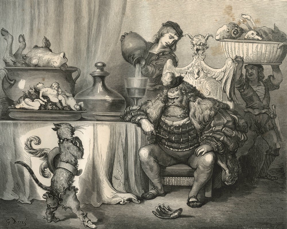 El gato con botas se encuentra con el ogro. Grabado de Gustave Doré (1832-1883) de Les contes de Charles Perrault (1628-1703) de Unbekannt