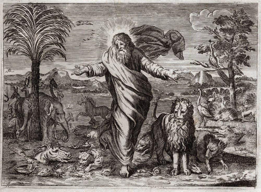 Biblia de Royaumont, Antiguo Testamento: Creación del mundo. Dios saca el Cielo y la Tierra de la nada, los adorna en seis días y los puebla de criaturas de toda clase. Ilustración de 1811. de Unknown artist