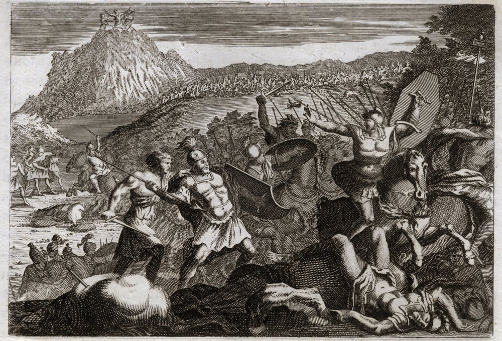 Biblia de Royaumont, Antiguo Testamento: derrota de Amalec. Moisés obtuvo la victoria sobre los amalecitas, manteniendo las manos elevadas al cielo. Ilustración de 1811. de Unknown artist