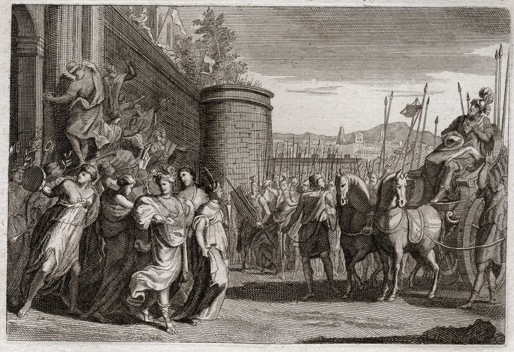 Biblia de Royaumont, Antiguo Testamento: Jefté sacrifica a su hija. Jefté, uno de los jueces de Israel, prometió sacrificar a Dios a la primera persona que viniera a él después de su victoria contra los amonitas. Fue su hija. Ilustración de 1811. de Unknown artist