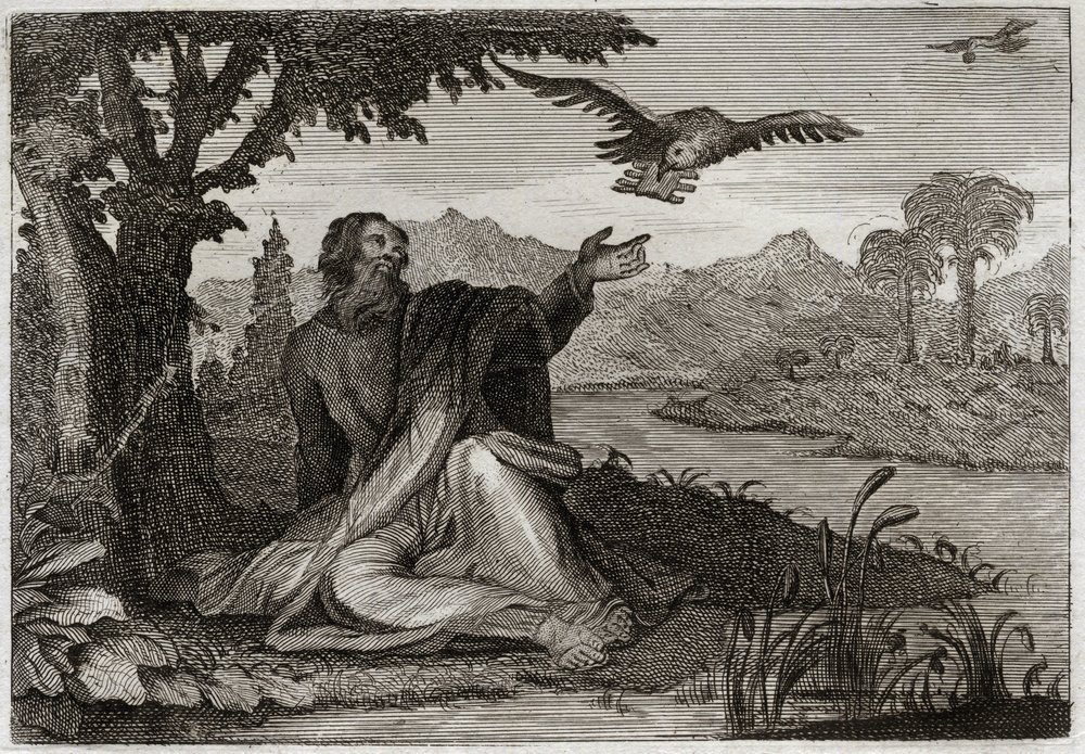 Biblia de Royaumont, Antiguo Testamento: Cuervos de Elías. Dios golpeó la tierra con una esterilidad de tres años, envió al profeta Elías junto a un arroyo, donde dos cuervos le trajeron comida. Ilustración de 1811 de Unknown artist