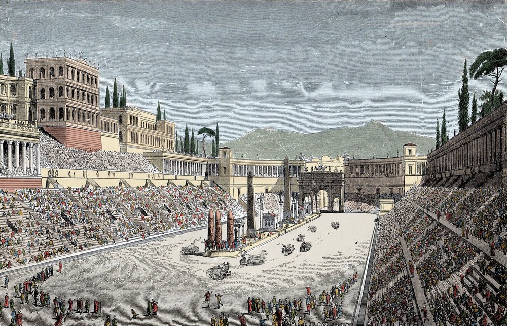 Circo Máximo - El gran circo de Roma, con una carrera de carros - Grabado en color de Unknown artist