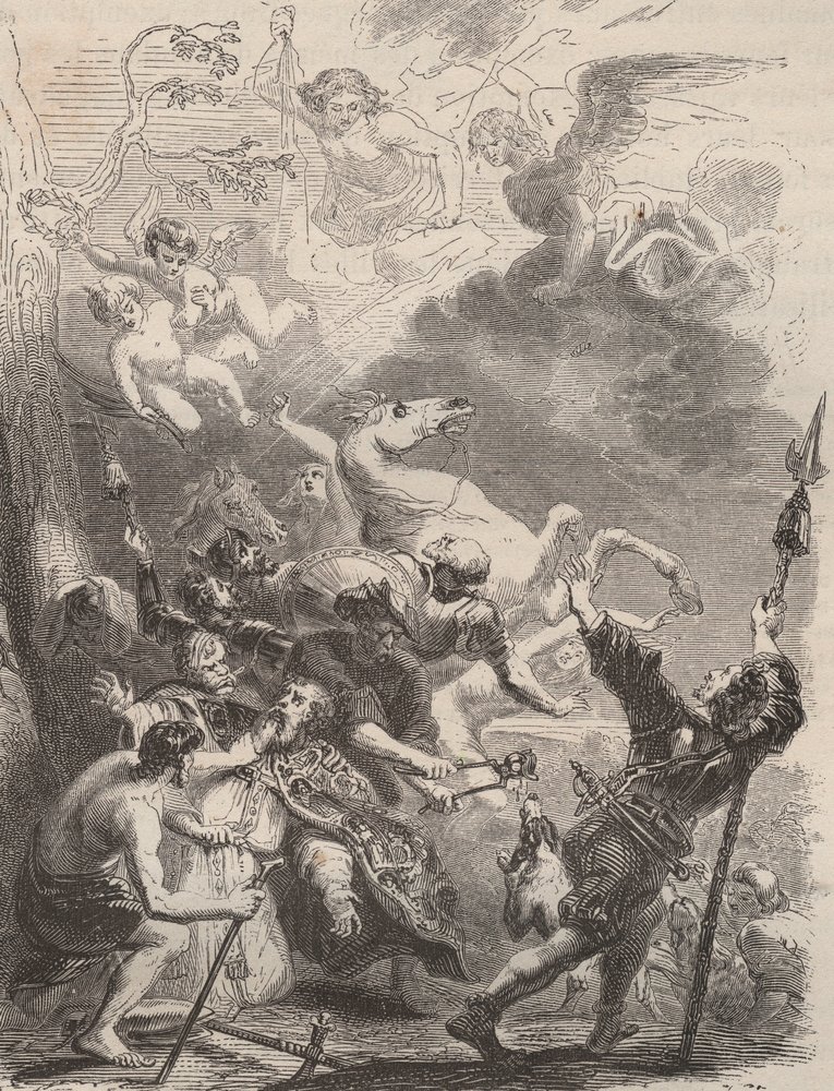 Muerte de San Lievin el Grande (Livin, o Lebwin, o Livinus) como evangelizador de Flandes, martirio en 657/663. Grabado de 1868 en “Histoire de Belgique desde tiempos primitivos hasta el final del reinado de Leopoldo I” por Theodore Juste (1818-1888). Cole de Unknown artist