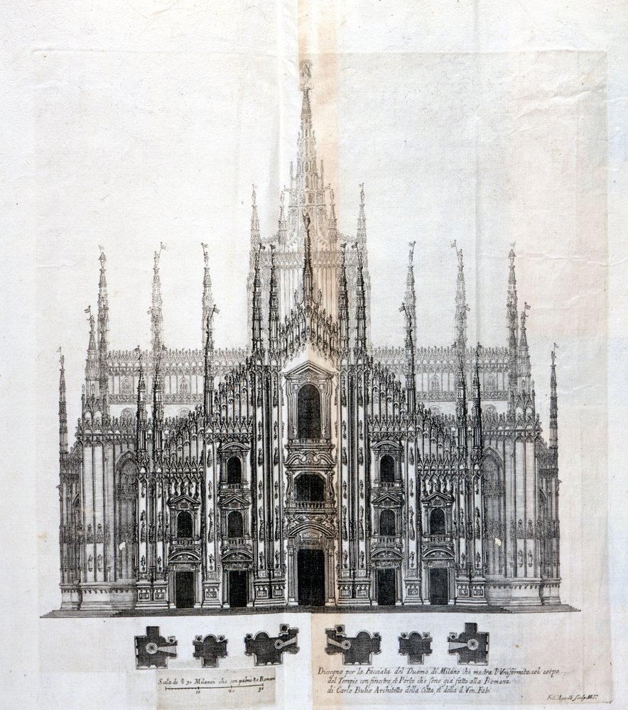 Dibujo de la fachada del Duomo de Milán mostrando su uniformidad con el cuerpo del edificio. Muchos proyectos arquitectónicos fueron diseñados alrededor del siglo XVII para completar la fachada que había quedado sin terminar. de Unknown artist