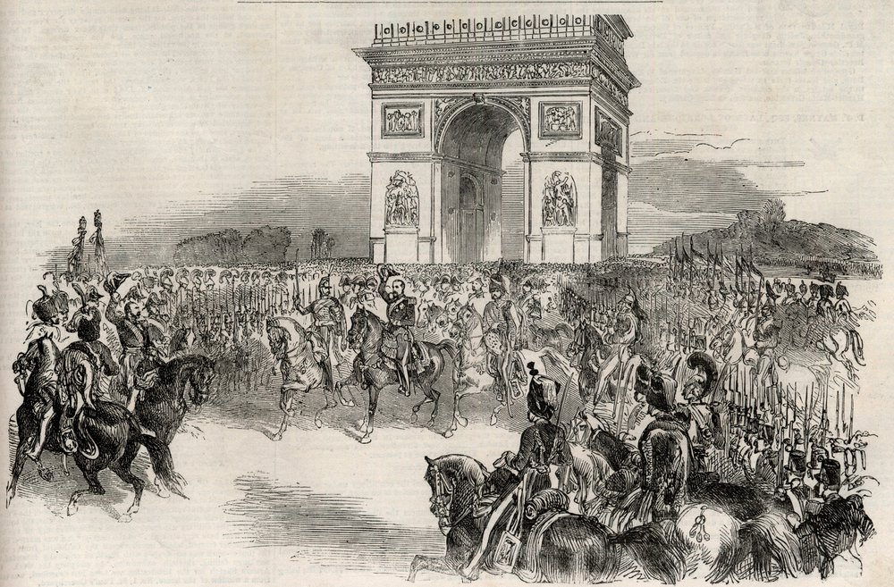 Entrada de Napoleón III en París a través del Arco de Triunfo el 2 de diciembre de 1852, grabado - El emperador de los franceses Napoleón III (1808-1873) haciendo su entrada en París el 2/12/1852 de Unknown artist