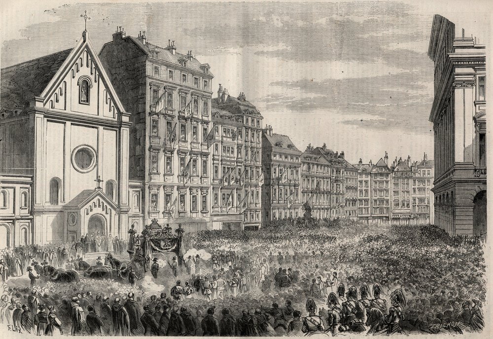 Funeral del Emperador Maximiliano I de México (1832-1867): llegada del cortejo fúnebre frente a la Iglesia de los Capuchinos de Viena. Grabado en “L