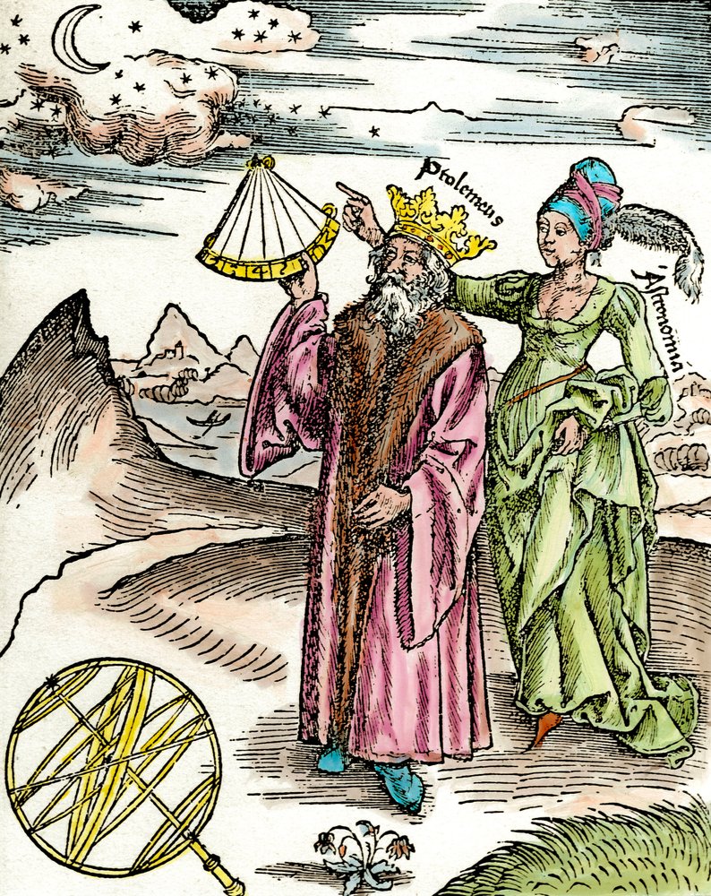 Astrónomo griego Claudio Ptolomeo usando un sextante y Astronomía. Grabado de 1503 de Unknown artist