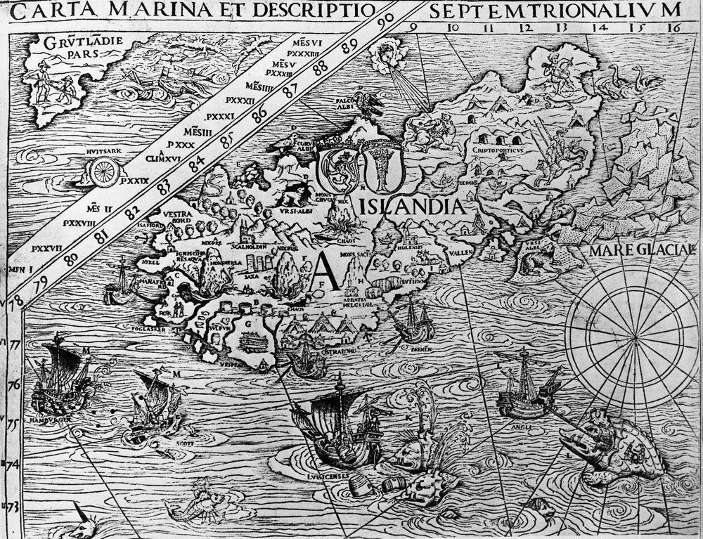 Islandia, circa 1539, detalle de Carta marina por el Arzobispo sueco, Olaus Magnus de Unknown artist