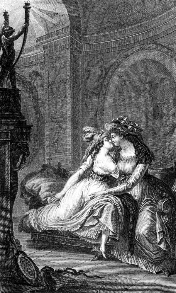Ilustración de "Las relaciones peligrosas" de Choderlos de Laclos (1741 - 1803): escena de libertinaje entre dos mujeres. de Unknown artist