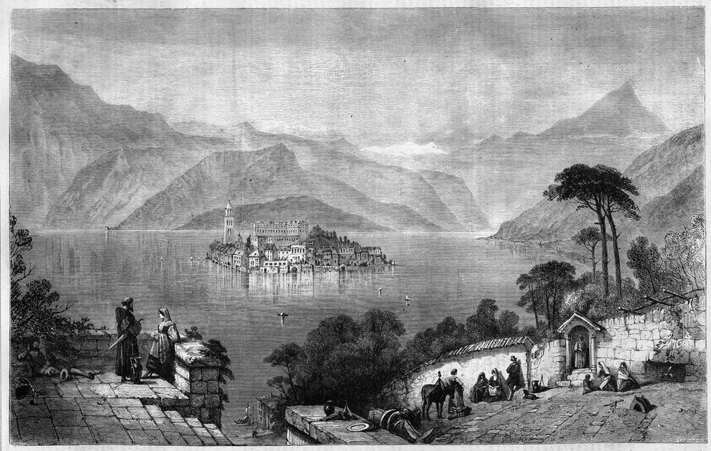 Lago Orta (Lago Cusio) (en el medio de la isla de San Giulio (San Julio) en la provincia de Novara en Italia. Grabado de 1865 de Unknown artist