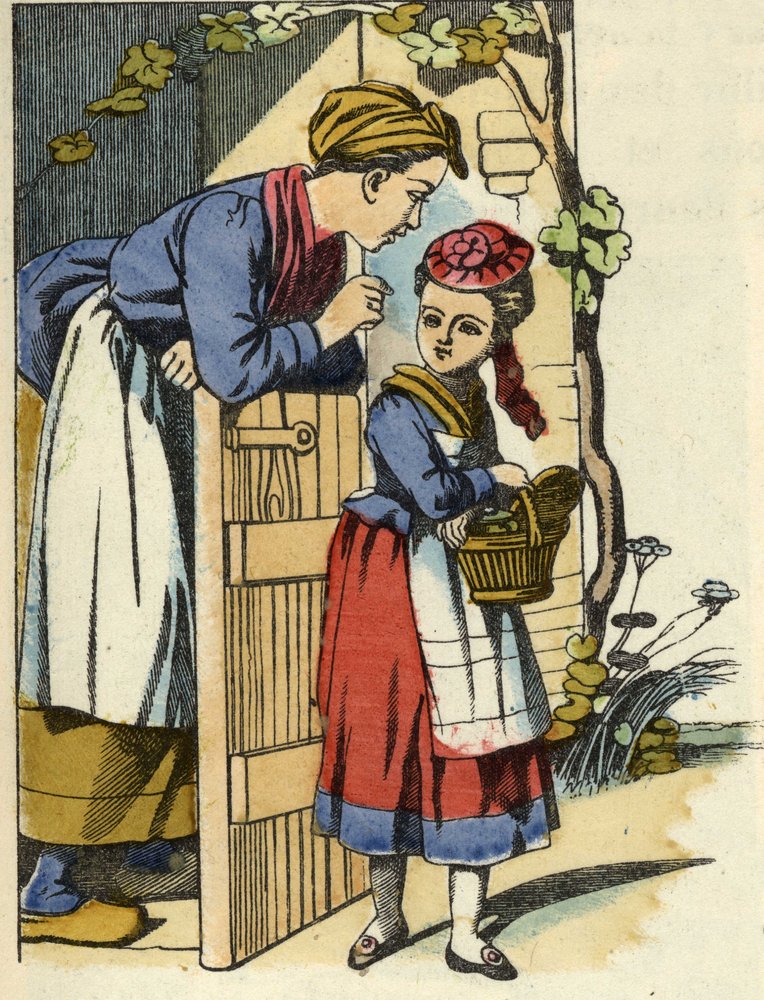 La madre de Caperucita Roja le da sus últimas recomendaciones para ir a la casa de la abuela. Ilustración del cuento "Caperucita Roja" de Charles Perrault de Unknown artist