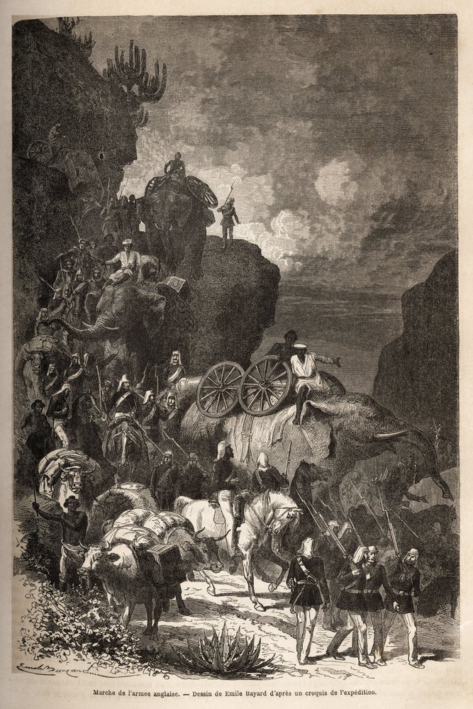 Marcha del ejército inglés hacia la meseta de Dalanta, siguiendo a las tropas del emperador Theodoros (circa 1818-1868), con elefantes para el transporte de piezas de artillería. Grabado para ilustrar la historia 